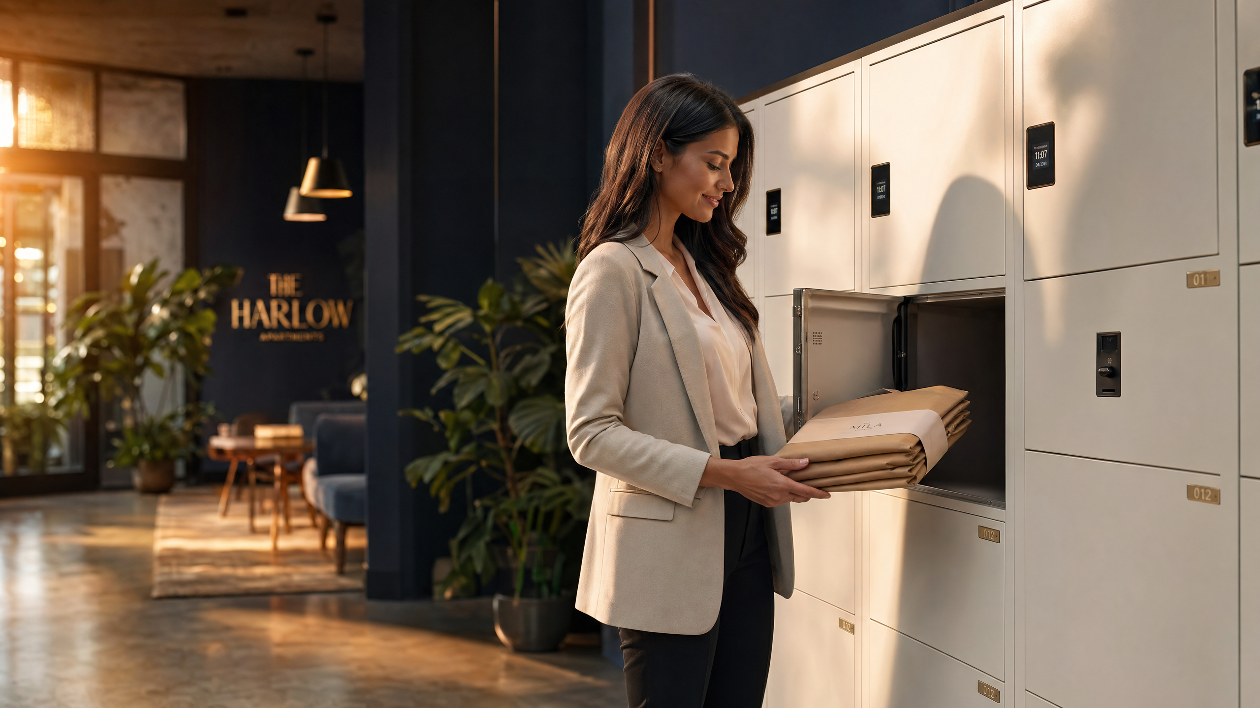 Resident picking up laundry from smart locker